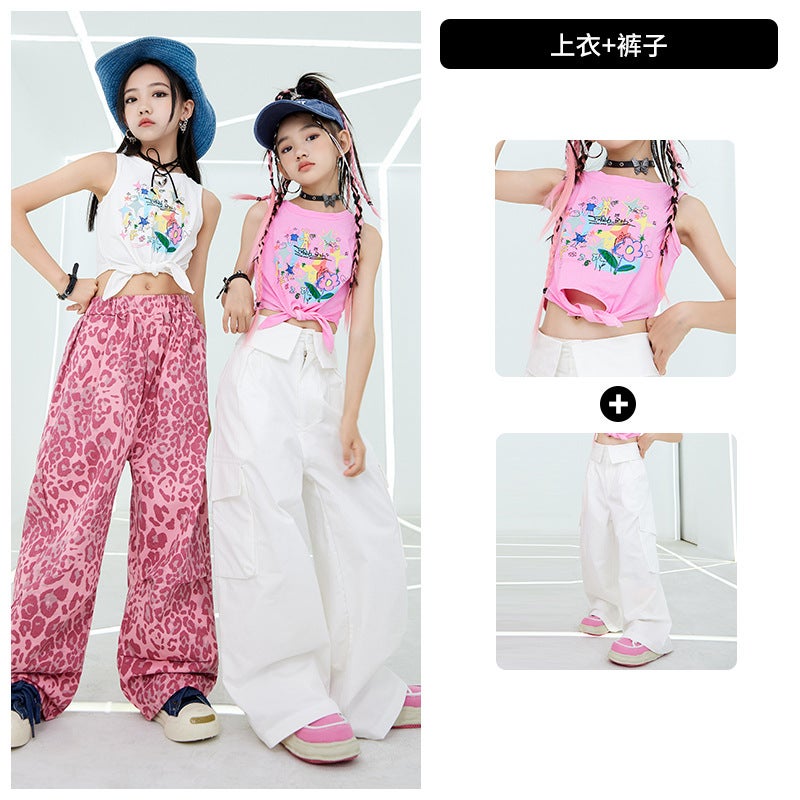 Girls Jazz Dance Costume Hip-hop Childrens Fashionable Clothes for Show suit Childrens Fashionable Cool Hip-hop Girls Navel Costume Pink Top White Pants