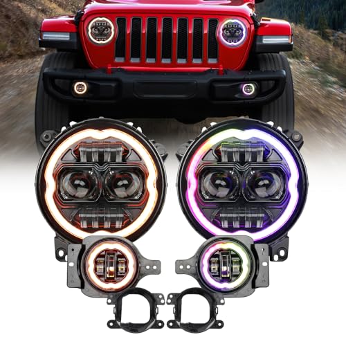 OPP ULITE Dream Chasing Color Halo JL Led Headlights 9inch Built-in Canbus, Amber Turn Signal Light, 2 Brackets 4inch Fog Lights for Jeep Wrangler JL Headlight Sahara Rubicon Gladiator JT 2018-2023 - Image 1