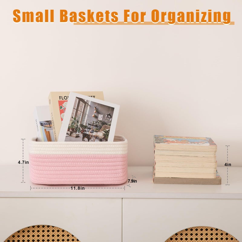 OIAHOMY 4 Pack Storage Baskets for Organizing, Small Bins for Shelves, Cute Decorative Storage Bins, Organizer Baskets for Gifts Empty, 11.8''Lx7.8''Wx4.7''H, Pink/White - Image 2