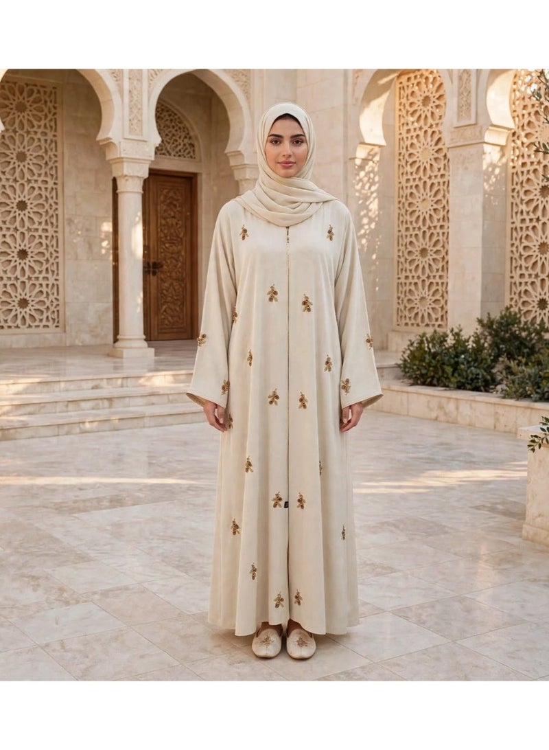 IKKXA Front Zip Abaya with Scattered Floral Embroidered Motifs - Image 1