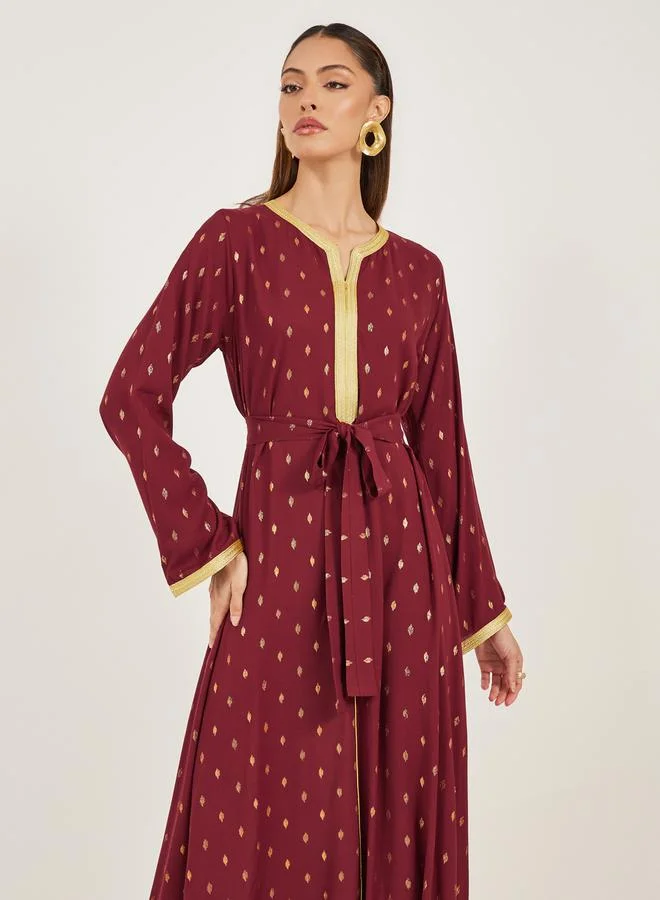 Styli Foil Print Lace Detail Satin Jalabiya with Belt