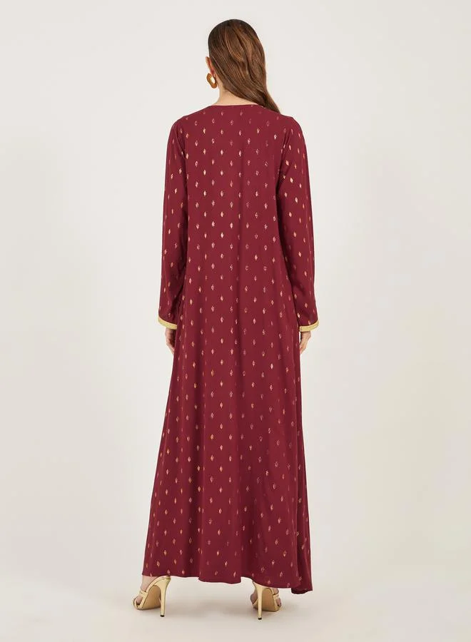 Styli Foil Print Lace Detail Satin Jalabiya with Belt