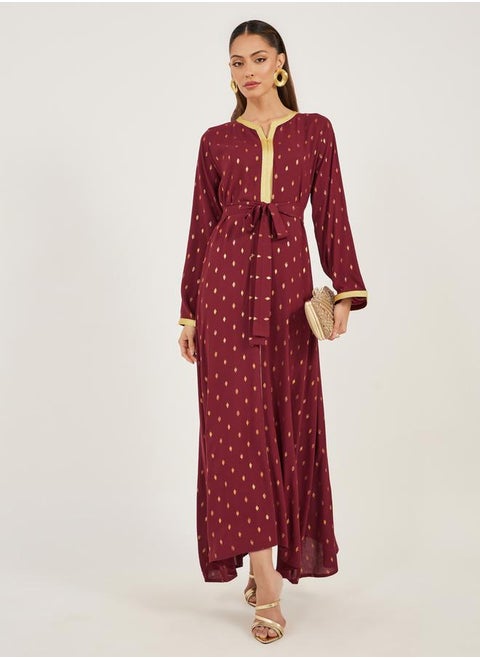 Foil Print Lace Detail Satin Jalabiya with Belt