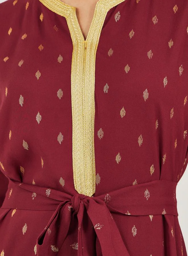 Styli Foil Print Lace Detail Satin Jalabiya with Belt