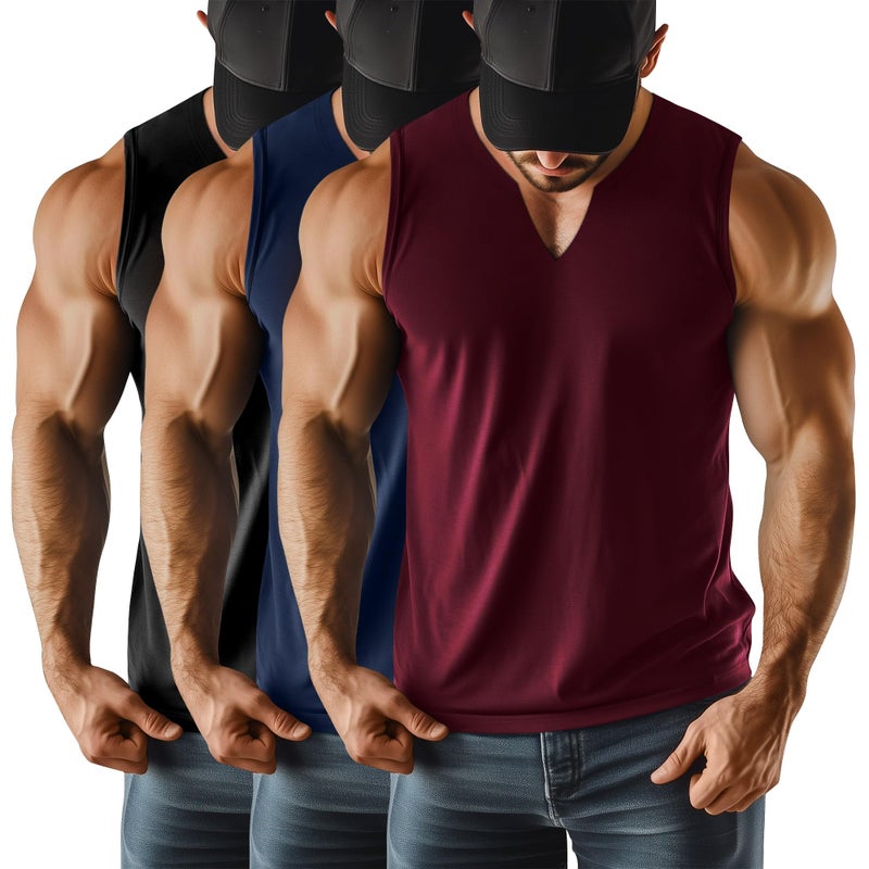 Riyiper 3 Pack Mens Sleeveless Tank Tops V Neck Longline Henley T Shirts Casual Cotton Muscle Shirts Stretch Athletic TeeBlack Navy Blue Wine RedSmall