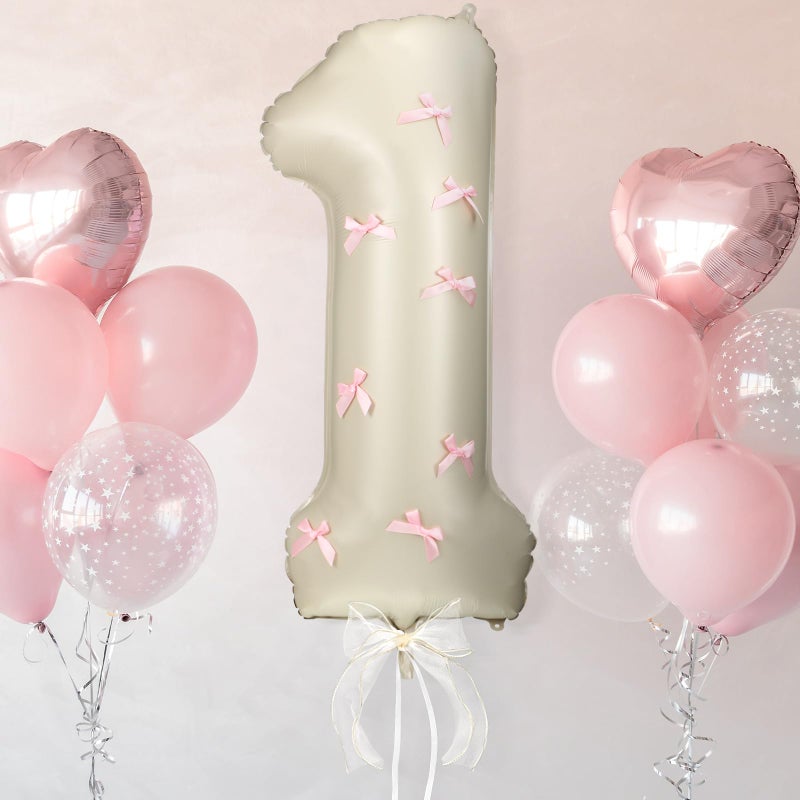 Hollowfly Number 1 Pink Bow 1st Birthday Balloon, 32 Inch Giant Aluminum Foil Number 1 Cream White Balloon Coquette Party Decoration for Christmas Girl Boy Birthday Baby Shower Anniversary Party Gifts - Image 3