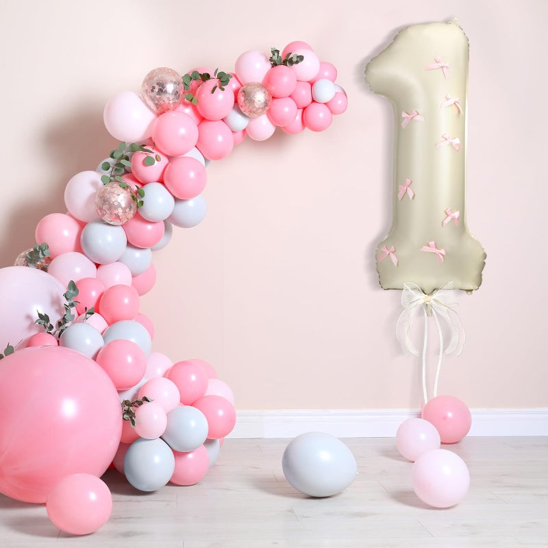 Hollowfly Number 1 Pink Bow 1st Birthday Balloon, 32 Inch Giant Aluminum Foil Number 1 Cream White Balloon Coquette Party Decoration for Christmas Girl Boy Birthday Baby Shower Anniversary Party Gifts - Image 4