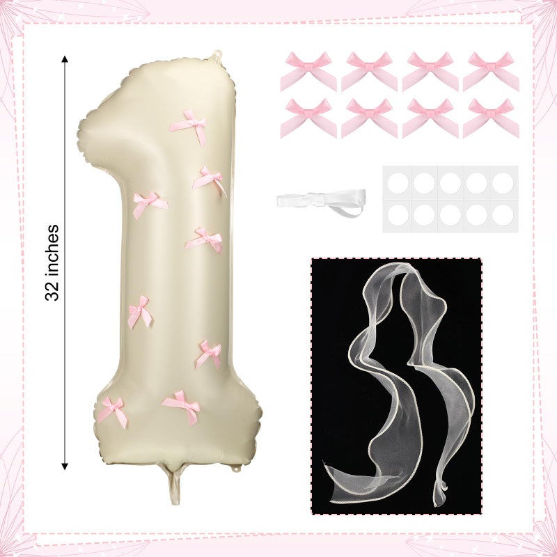 Hollowfly Number 1 Pink Bow 1st Birthday Balloon, 32 Inch Giant Aluminum Foil Number 1 Cream White Balloon Coquette Party Decoration for Christmas Girl Boy Birthday Baby Shower Anniversary Party Gifts - Image 2