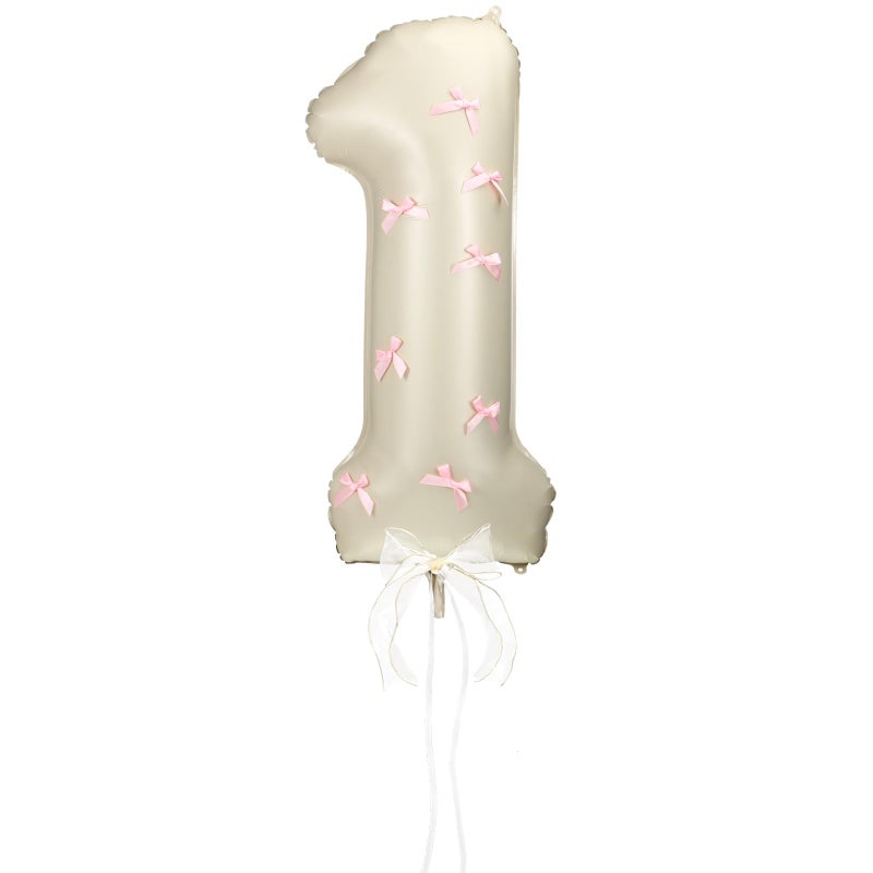 Hollowfly Number 1 Pink Bow 1st Birthday Balloon, 32 Inch Giant Aluminum Foil Number 1 Cream White Balloon Coquette Party Decoration for Christmas Girl Boy Birthday Baby Shower Anniversary Party Gifts - Image 1