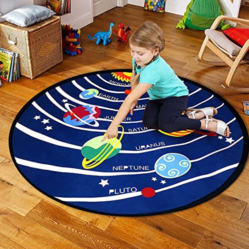 Toy Park Kids Round Soft Rug Solar System Learning Area Carpet Children's Fun Area Mat - Non Slip Bottom (4'6" Round) - Image 1