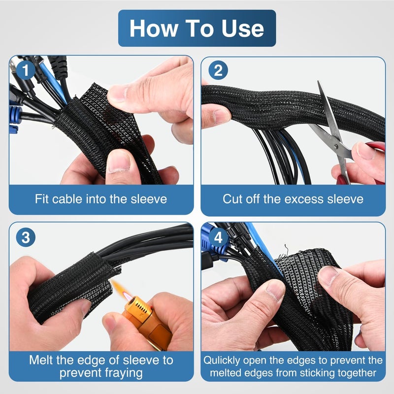 Nilight Cable Sleeve, 25ft-1inch Cable Management Sleeves, Braided Cable Sleeving, Split Self Wrapping Wire Loom for Computer Cable Electrical Wire Automotive Harness Protector Organizer, Black - Image 4