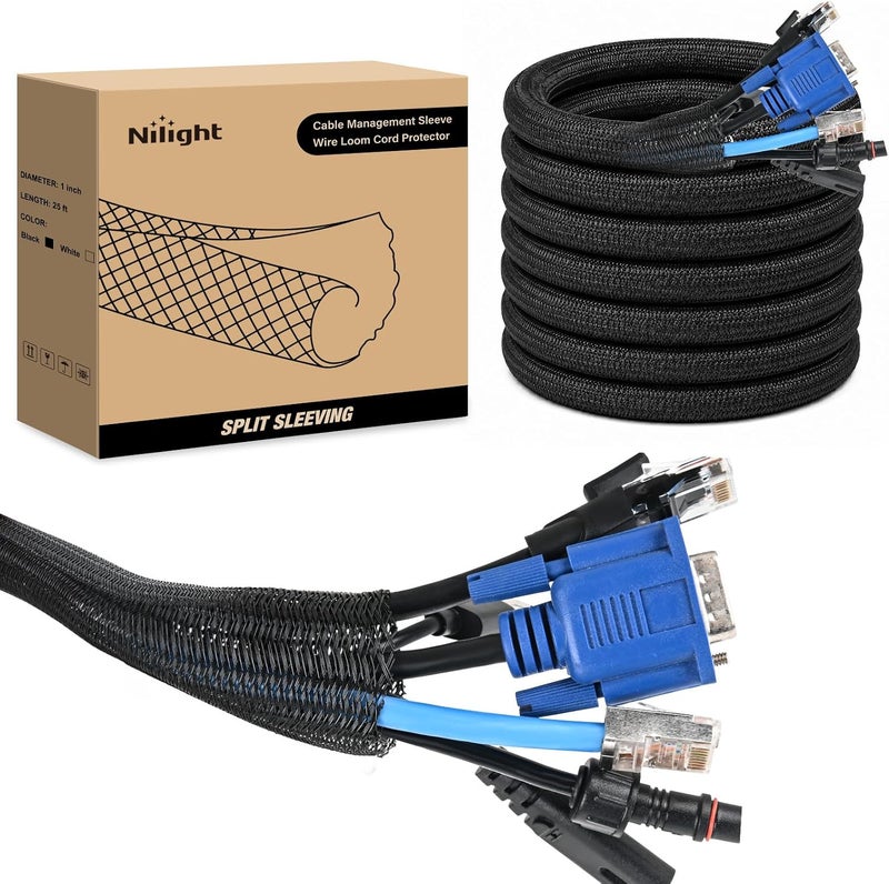 Nilight Cable Sleeve, 25ft-1inch Cable Management Sleeves, Braided Cable Sleeving, Split Self Wrapping Wire Loom for Computer Cable Electrical Wire Automotive Harness Protector Organizer, Black - Image 1
