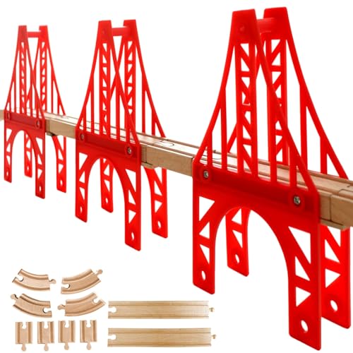 OrgMemory Wooden Train Bridges 3 Suspension Bridge Wooden Train Track Accessories Wood Train Track Train Tracks Compatible with All Major Brands Wood Toys for Girls Boys - Image 1