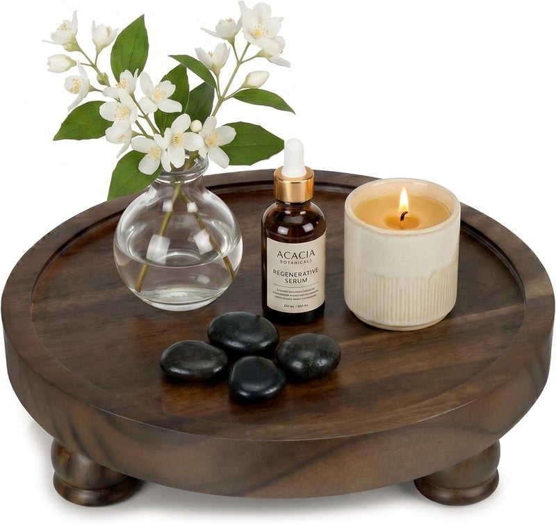 DEMIGO 10" Acacia Wood Round Tray - Dark Brown Pedestal Stand - Farmhouse Countertop Organizer, Multi-Purpose Display Riser Board for Soap, Perfume, Candles, Kitchen, Bathroom (10x2.5 Inch) - Image 1