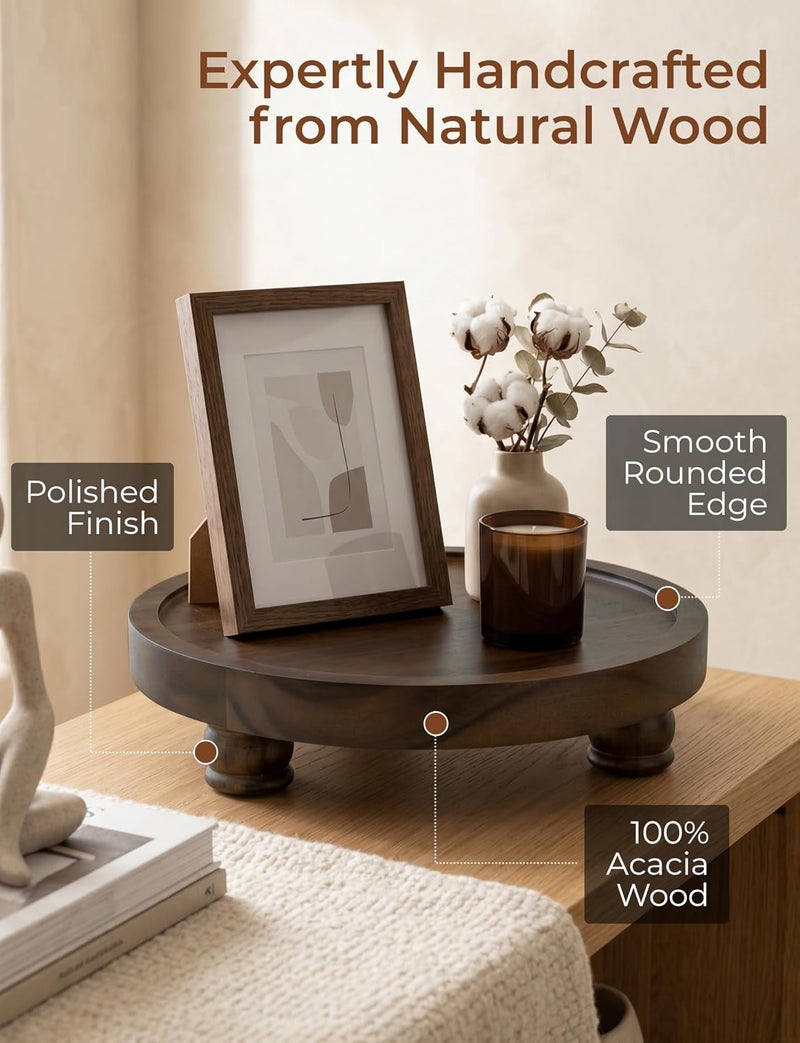 DEMIGO 10" Acacia Wood Round Tray - Dark Brown Pedestal Stand - Farmhouse Countertop Organizer, Multi-Purpose Display Riser Board for Soap, Perfume, Candles, Kitchen, Bathroom (10x2.5 Inch) - Image 4