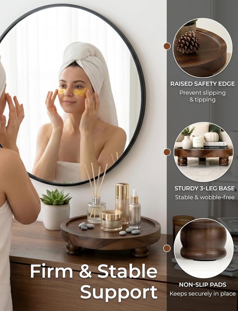 DEMIGO 10" Acacia Wood Round Tray - Dark Brown Pedestal Stand - Farmhouse Countertop Organizer, Multi-Purpose Display Riser Board for Soap, Perfume, Candles, Kitchen, Bathroom (10x2.5 Inch) - Image 5