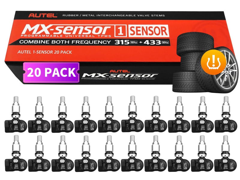 Autel أوتيل حساسات TPMS 20 قطعة MXSensor 2 في 1 315MHz433MHz حساس ضغط الإطارات Pressin OELevel حساسات TPMS عالمية قابلة للبرمجة بواسطة أداة TPMS من أوتيل متوافقة مع TS408 TS508 TS601 صمامات معدنية