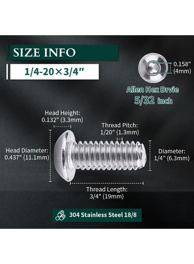 تثبيت 1/4-20 × 3/4 "زر رأس المقبس قبعة المسامير ، 304 الفولاذ المقاوم للصدأ ، محرك داخلي سداسي ، خيوط بالكامل 0.75 بوصة - Image 3