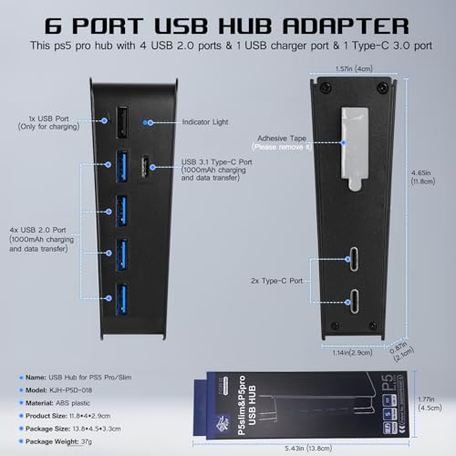 arVin 6 Port USB Hub for PS5 Pro & PS5 Slim Console Disc/Digital, High-Speed Extra USB Ports for PS5 Slim Pro Accessories, PS5 Hub Charger Splitter Adapter with 4 USB 2.0 + 1 USB Charging Port +1 Type C 3.0 - Image 3