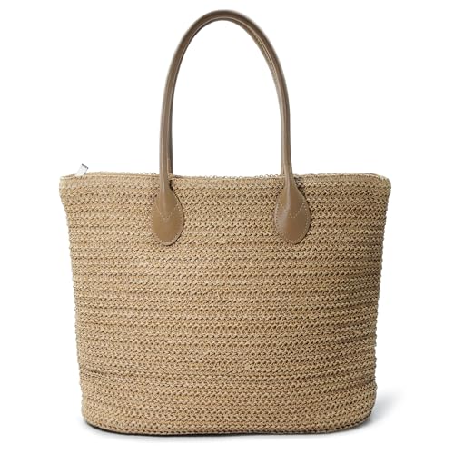 HOXIS Weekender Lightweight Synthetic Straw Shopper Tote Womens Shoulder Handbag (Tan) - Image 1