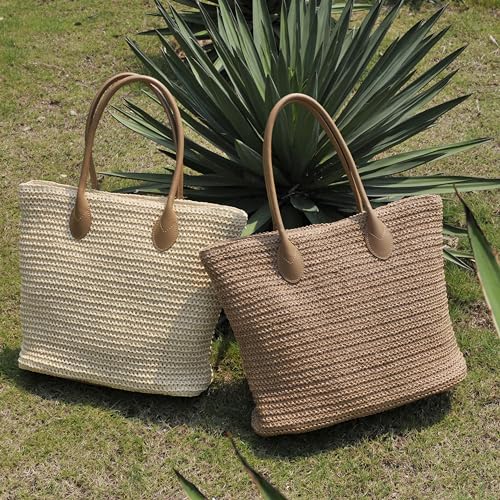 HOXIS Weekender Lightweight Synthetic Straw Shopper Tote Womens Shoulder Handbag (Tan) - Image 5