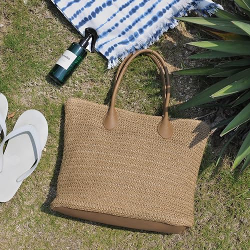 HOXIS Weekender Lightweight Synthetic Straw Shopper Tote Womens Shoulder Handbag (Tan) - Image 4