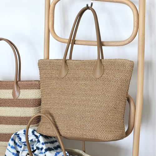 HOXIS Weekender Lightweight Synthetic Straw Shopper Tote Womens Shoulder Handbag (Tan) - Image 2