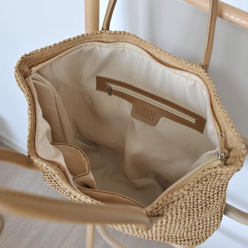 HOXIS Weekender Lightweight Synthetic Straw Shopper Tote Womens Shoulder Handbag (Tan) - Image 3