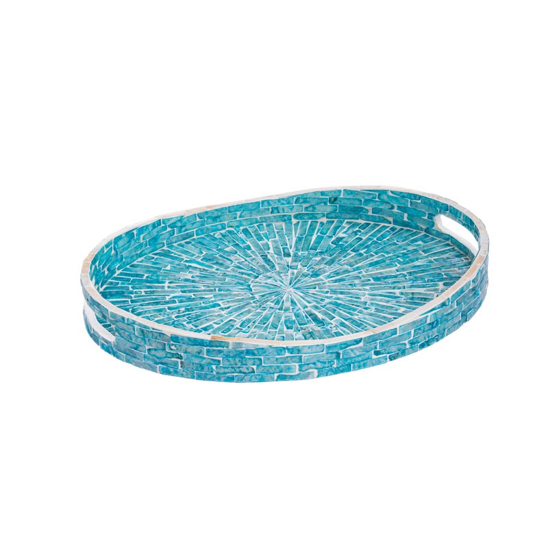PEMAR 15.7" x 11.8" Oval Capiz Shell Serving Tray, Decorative Ottoman Tray for Living Room, Coffee Table, Breakfast in Bed, Candle Display (Teal Sunlight) - Image 1