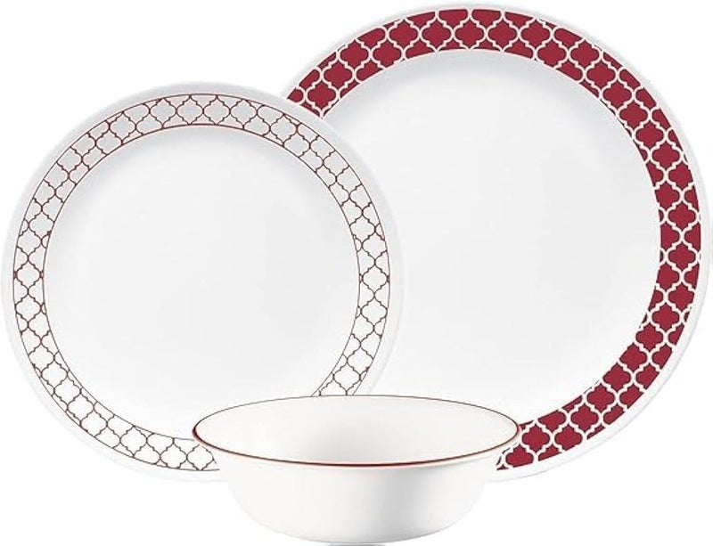كوريل Corelle Crimson Trellis طقم أواني طعام 12 قطعة، من زجاج Vitrelle، خفيف الوزن ومقاوم للتشقق والتكسر، آمن للميكروويف والفرن وغسالة الصحون، لأربعة أشخاص - Image 1