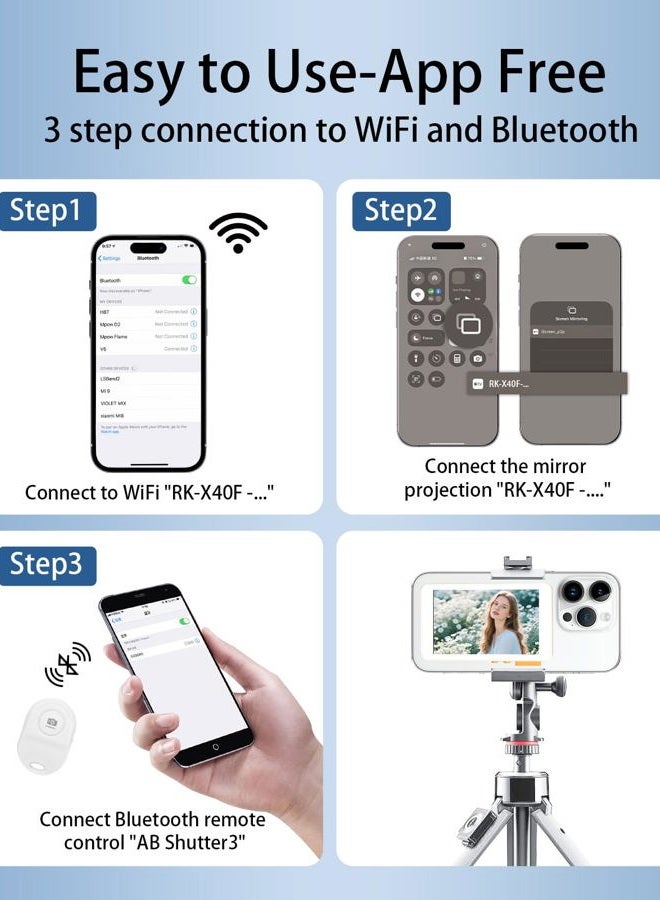 FLATIC Vlog Selfie Monitor Screen for iPhone & Android, 2300mAh Back Camera Monitor Phone with Bluetooth Remote, Speaker, 3-Level Brightness, Bracket, 4K/30FPS Wireless & Wired Recording, No Delay - Image 4