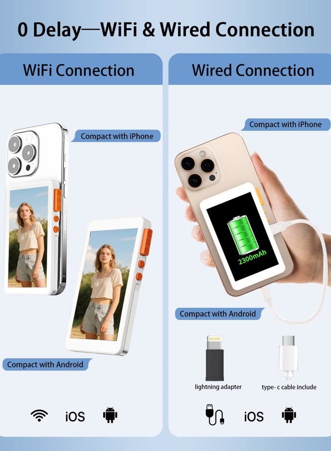 FLATIC Vlog Selfie Monitor Screen for iPhone & Android, 2300mAh Back Camera Monitor Phone with Bluetooth Remote, Speaker, 3-Level Brightness, Bracket, 4K/30FPS Wireless & Wired Recording, No Delay - Image 3