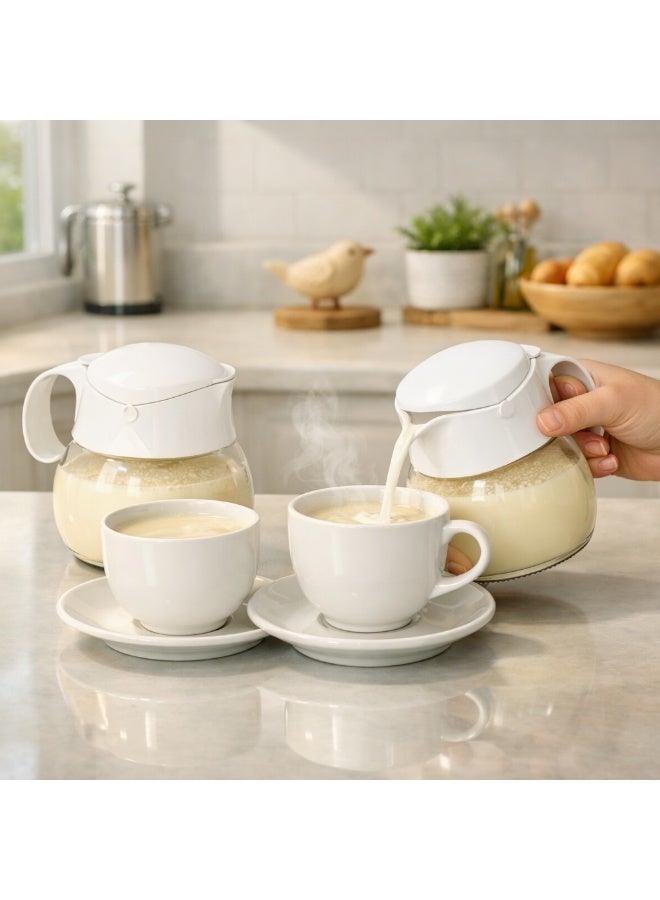 QLUX White Glass Pitcher with Plastic Lid for Pouring Hot Milk, Elegant Kitchen 2 Pcs Set - Image 1