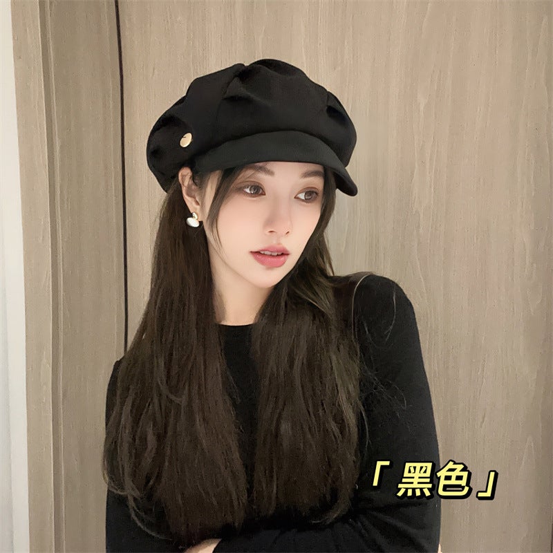 Cloud hat female pleated bag face slimming octagonal hat travel daily casual Korean style plain short brim beret Beige - Image 3