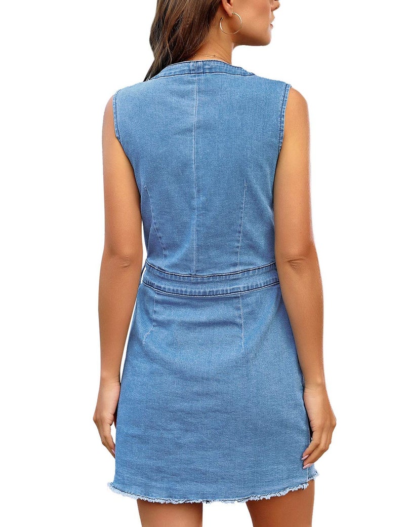 LookbookStore Women Denim Dresses Casual Summer Blue Sleeveless V Neck Button Down Jean Dress for Women with Pockets Frayed Raw Hem Short Denim Dresses Size L Size 12 14 - Image 2