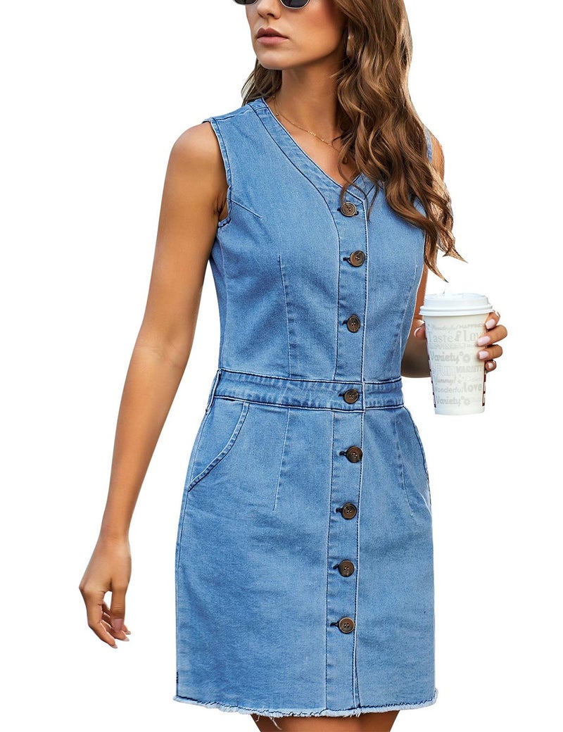 LookbookStore Women Denim Dresses Casual Summer Blue Sleeveless V Neck Button Down Jean Dress for Women with Pockets Frayed Raw Hem Short Denim Dresses Size L Size 12 14 - Image 3