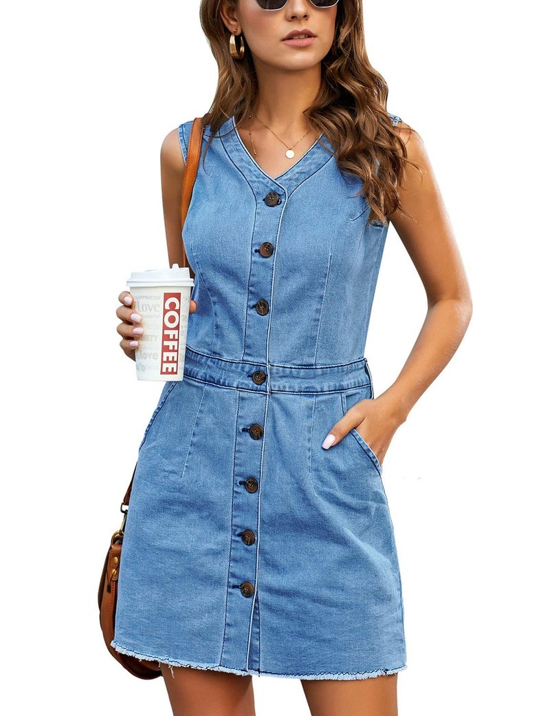 LookbookStore Women Denim Dresses Casual Summer Blue Sleeveless V Neck Button Down Jean Dress for Women with Pockets Frayed Raw Hem Short Denim Dresses Size L Size 12 14 - Image 1