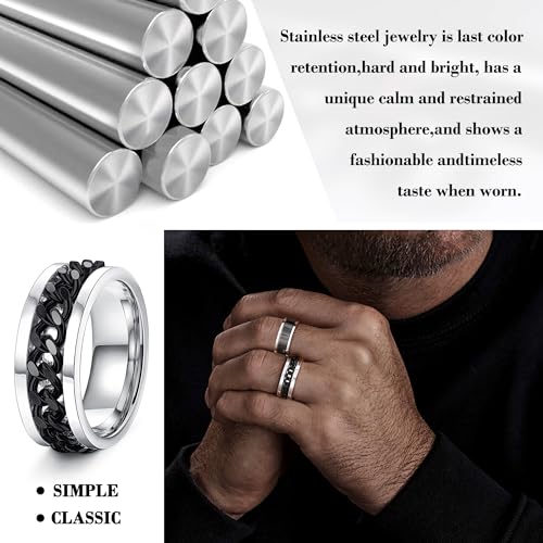 Besteel 16Pcs Stainless Steel Fidget Rings for Men Women Stress Anxiety Relief Rings Black Cool Chain Band Spinner Ring Set for Wedding Promise Mens Rings Pack - Image 4