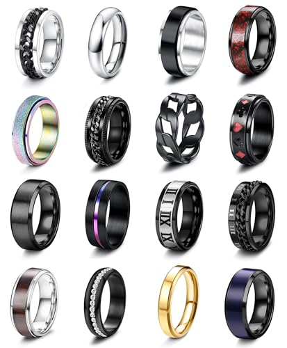 Besteel 16Pcs Stainless Steel Fidget Rings for Men Women Stress Anxiety Relief Rings Black Cool Chain Band Spinner Ring Set for Wedding Promise Mens Rings Pack - Image 1
