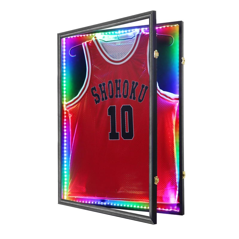 Grintus Grintus Jersey Frame Display CaseLockable with Colorful Led Lights Display Box for Jersey Display with UV Protection Acrylic and Hanger for Baseball Basketball Football Hockey Sport ShirtBlack