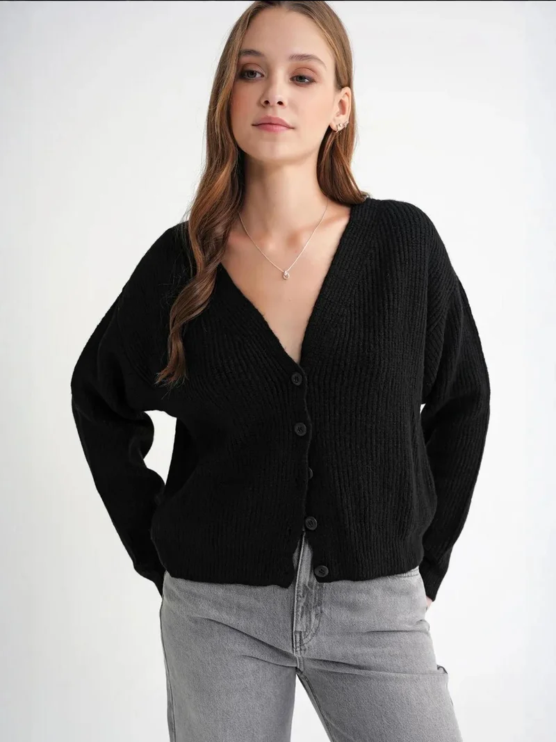 MixRay Mixray Textured V-Neck Button Cardigan
