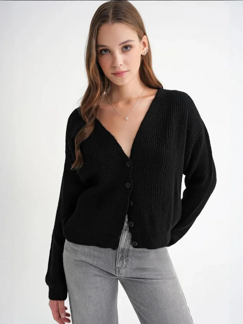 Mixray Black Mixray Textured V-Neck Button Cardigan for Women | Best Price UAE