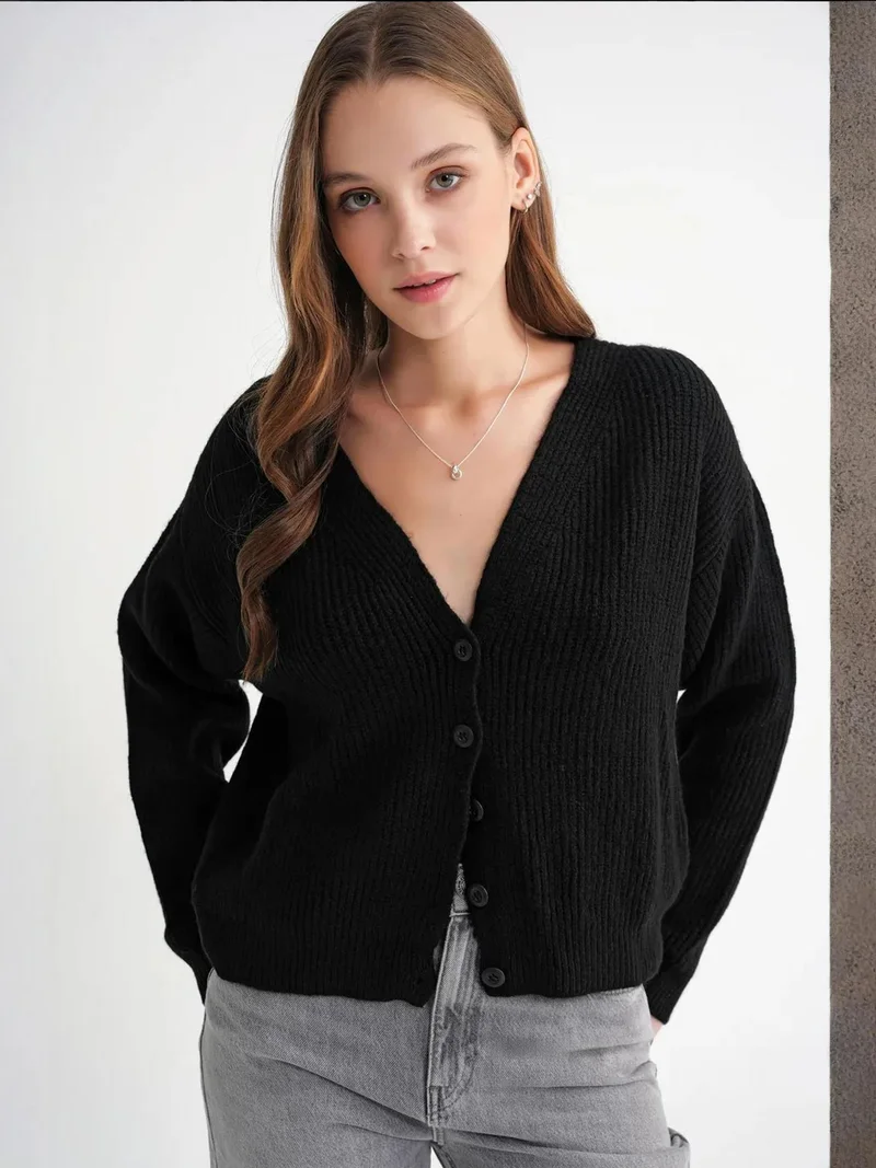 Mixray Black Mixray Textured V-Neck Button Cardigan for Women | Best Price UAE