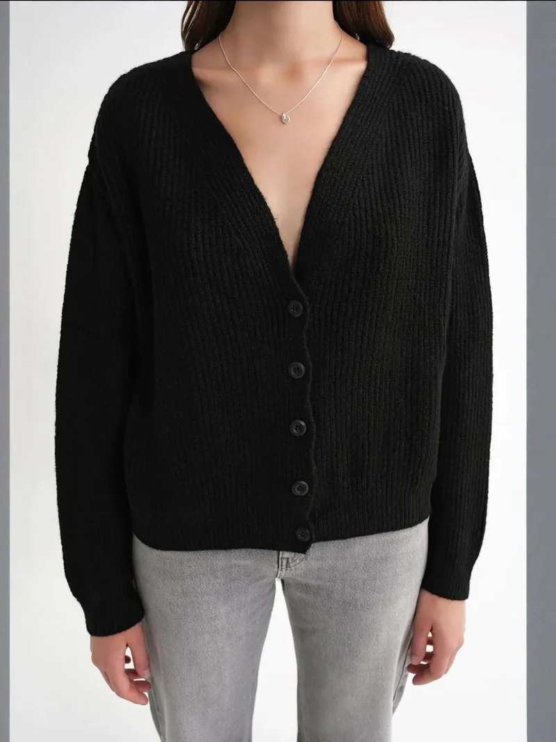 Mixray Black Mixray Textured V-Neck Button Cardigan for Women | Best Price UAE