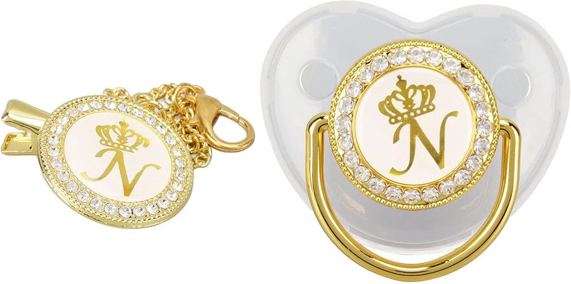 Focket Pacifier Clips Baby Girl 26 Letter Rhinestone Baby Pacifier with Name Initial Letter Curved Bling Pacifier for Girl Newborn Baby Girl Pacifiers Clips Baby Shower Birthday Gifts N - Image 1