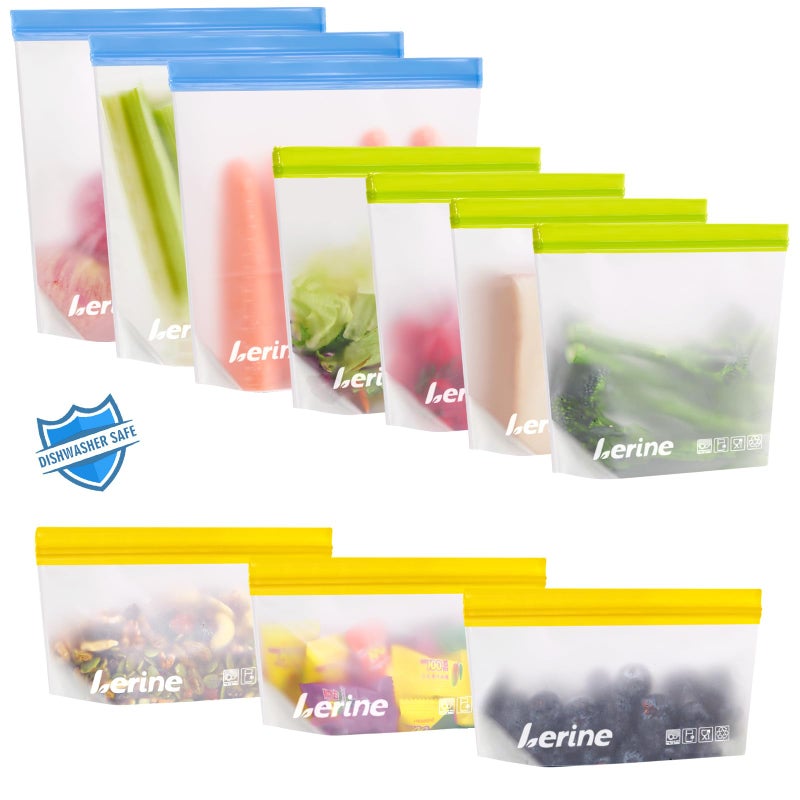 Lerine 10 Pack Stand-Up Reusable Freezer Bags Silicone, Leakproof Dishwasher Safe Food Storage Bags, BPA Free Reusable Gallon Bags for Marinating, Meal Prep - 3 Gallon 4 Sandwich 3 Snack (Multicolor) - Image 1