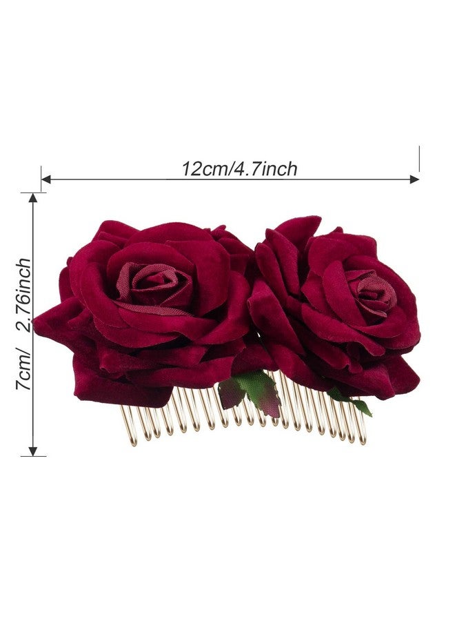 Bememo 2 Pack Women Rose Flower Hair Clip Rose Side Combs Flamenco Flowers Day of The Dead Costumes Mexican Hair Accessories for Wedding Party Mother's Day(Dark Red) - Image 5