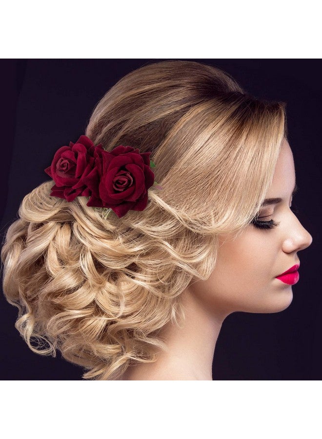 Bememo 2 Pack Women Rose Flower Hair Clip Rose Side Combs Flamenco Flowers Day of The Dead Costumes Mexican Hair Accessories for Wedding Party Mother's Day(Dark Red) - Image 2