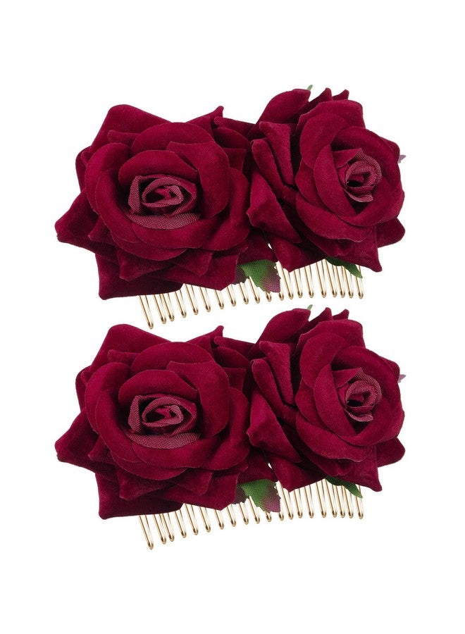 Bememo 2 Pack Women Rose Flower Hair Clip Rose Side Combs Flamenco Flowers Day of The Dead Costumes Mexican Hair Accessories for Wedding Party Mother's Day(Dark Red) - Image 1