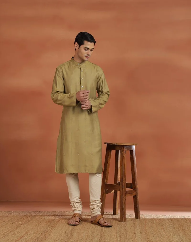 Fabindia Green Viscose Silk Embroidered Long Kurta